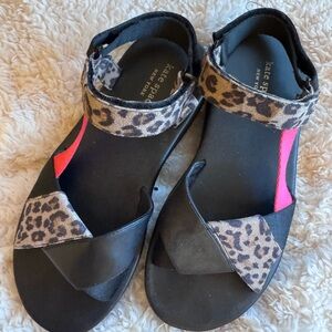kate spade black sandals with leopard print & pink accents